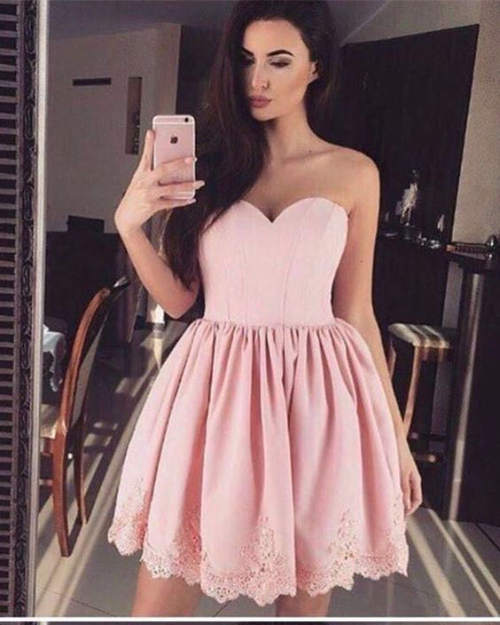 Strapless Sweetheart Short Pink Homecoming Dress,a-line Graduation Dress,cute Short Prom Dresses,sweet 16 Dresses,appliqued Satin Short Prom