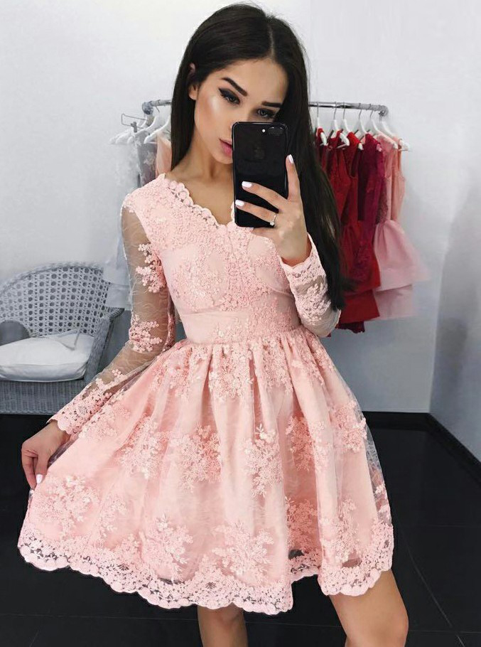 A-line V-neck Homecoming Gown,long Sleeves Short Pink Lace Appliqued Homecoming Dress,tulle Graduation Dress With Appliques,h129
