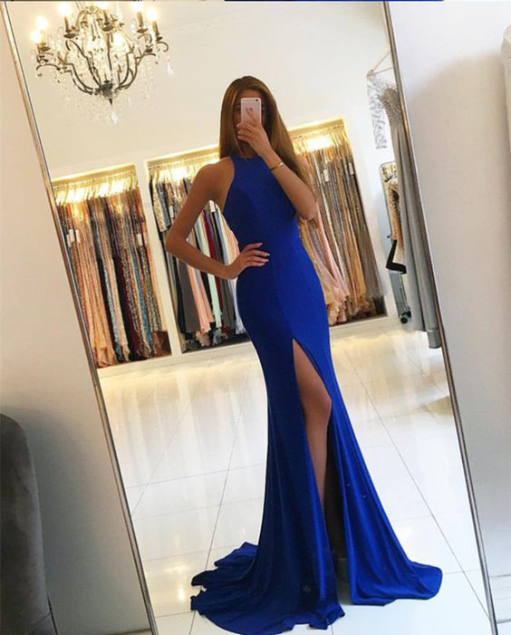 Royal Blue Mermaid Prom Dress,side Slit Evening Dress,mermaid Evening Gowns,sleeveless Formal Dress,sexy Split Prom Dresses Long,p094