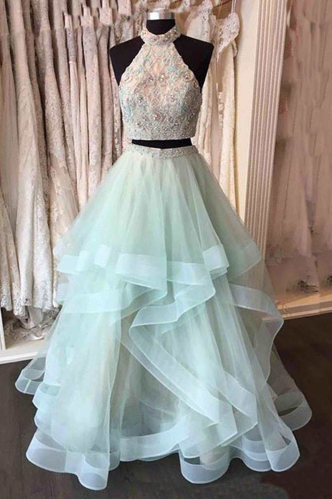 Two Pieces Beading Sleeveless High Neck Prom Dresses,Long Prom Dresses,Asymmetrical Tulle Prom Dresses,Evening Dress,Formal Women Dress,P095