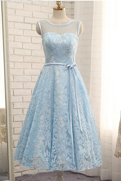 Pale Blue Tea-length Scoop Sleeveless Lace Homecoming Dress,sheer Neck Prom Dress With Belt,tea-length Formal Dresses,prom Gown,h135
