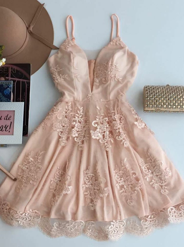 A-line Spaghetti Straps Homecoming Dress,short Champagne Tulle Homecoming Dress With Appliques,deep V Neck Party Dresses,h139