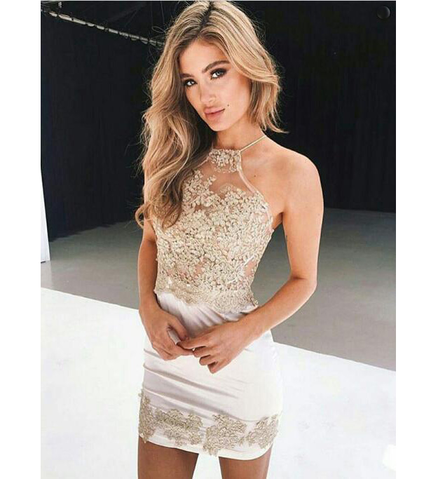 Sheath Halter Short Criss-cross Straps Ivory Homecoming Dress With Champagne Appliques,sexy Sleeveless Mini Party Dresses,h140
