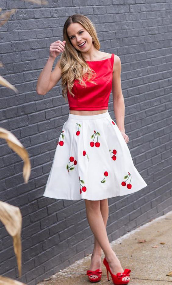 Cute Two Piece Red Homecoming Dress,short Homecoming Dress With Cherry,two Piece Prom Dress,white Knee-length Party Gown,h147