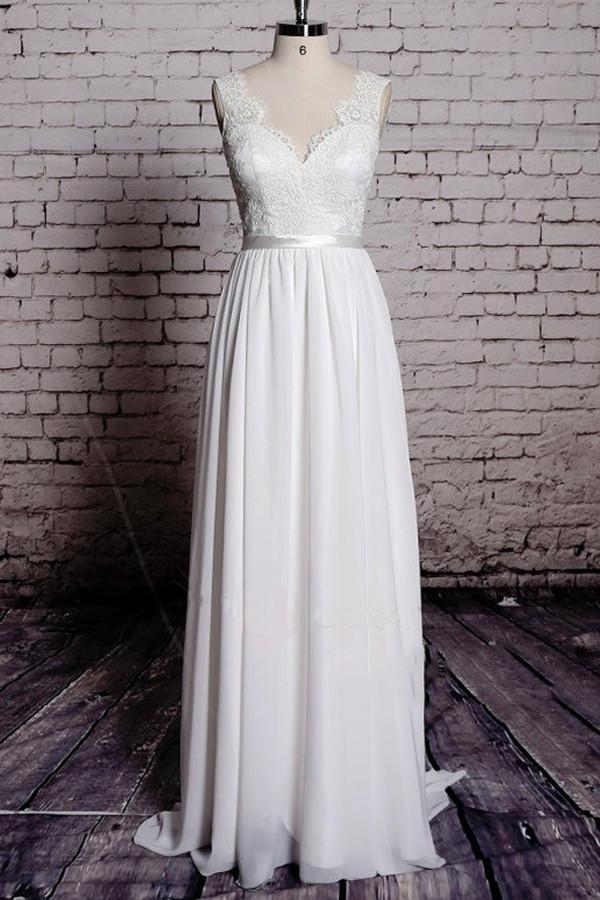 A-line V-neck Backless Sleeveless Long Chiffon Wedding Dress With Lace Top,sweep Train Bridal Dresses,bridal Gown,beach Wedding Dresses,w048