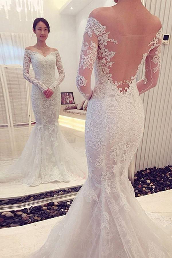 Charming Mermaid Off The Shoulder Long Sleeves Lace Wedding Dress With Sheer Back,ivory Beach Wedding Dress,bridal Dresses,w049