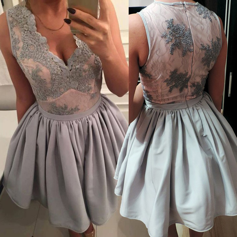 A-line Appliques V-neck Ruched Sleeveless Mini Homecoming Dress,sweet 16 Dresses,short Prom Gown,h155