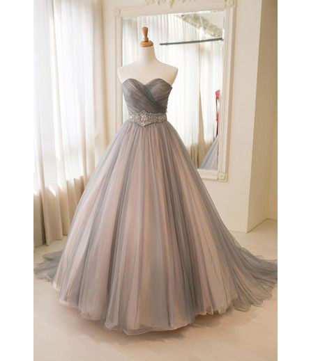 Princess Ball Gown Strapless Sweetheart Gray Tulle Prom Dresses,wedding Dress With Beads,long Formal Dresses,p122