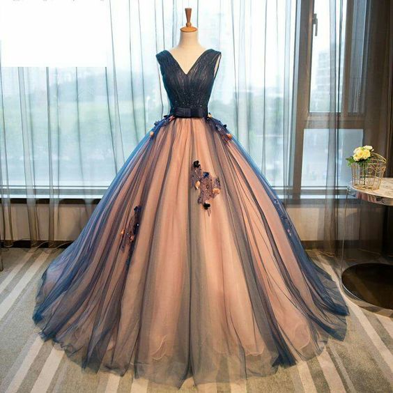 Unique Dark Blue V Neck Sleeveless Tulle Long Ball Gown Prom Dresses,appliques Formal Dress With Bowknot,quinceanera Dresses,p123