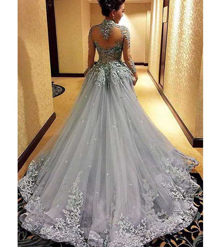 Ball Gown Princess Long Sleeves Tulle Prom Dress,gray Appliqued Evening Dresses,long Formal Dresses,prom Gowns,p126
