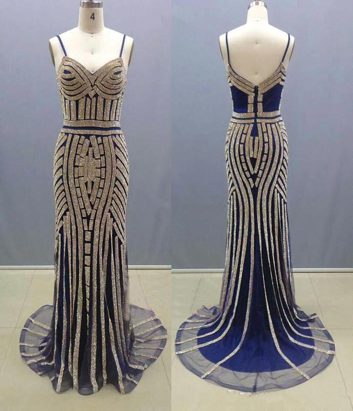 Luxurious Royal Blue Column Spaghetti Straps V-neck Sparkly Sweep Train Prom Dress,party Dress,p139