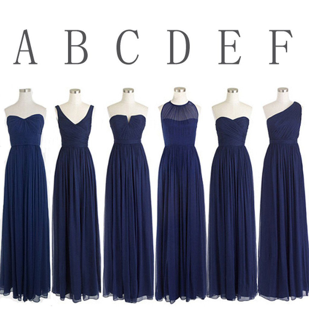 Classic Popular Navy Blue Sleeveless Mismatched Chiffon Formal Different Styles Floor Length Bridesmaid Dresses,b031