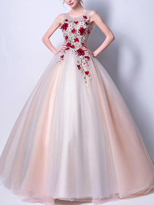 Ball Gown Scoop Sleeveless Open Back Long Tulle Prom Dress With Red Flowers,floor-length Party Dresses,p143