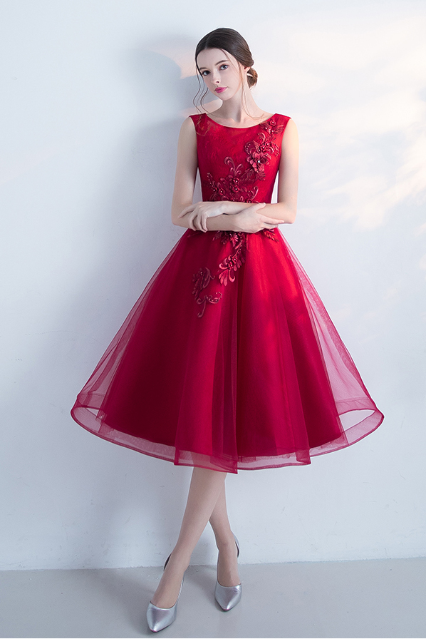 A-line Sleeveless Bateau Tulle Tea-length Homecoming Dress, Graduation Dresses With Flowers,party Dress,h160