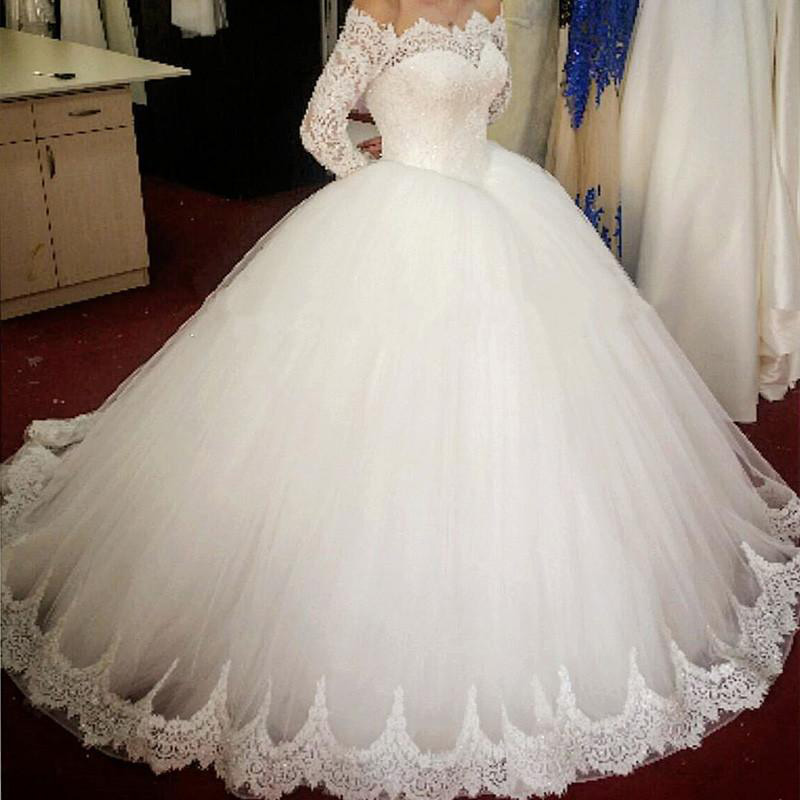 Elegant Tulle Off-the-shoulder Neckline Basque Waistline Long Sleeves Ball Gown Winter Wedding Dress With Lace Appliques,w064