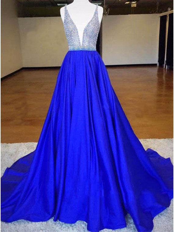 A-line Deep V-neck Sleeveless Sweep Train Royal Blue Prom Dress With Beading,long Evening Dresses,p147