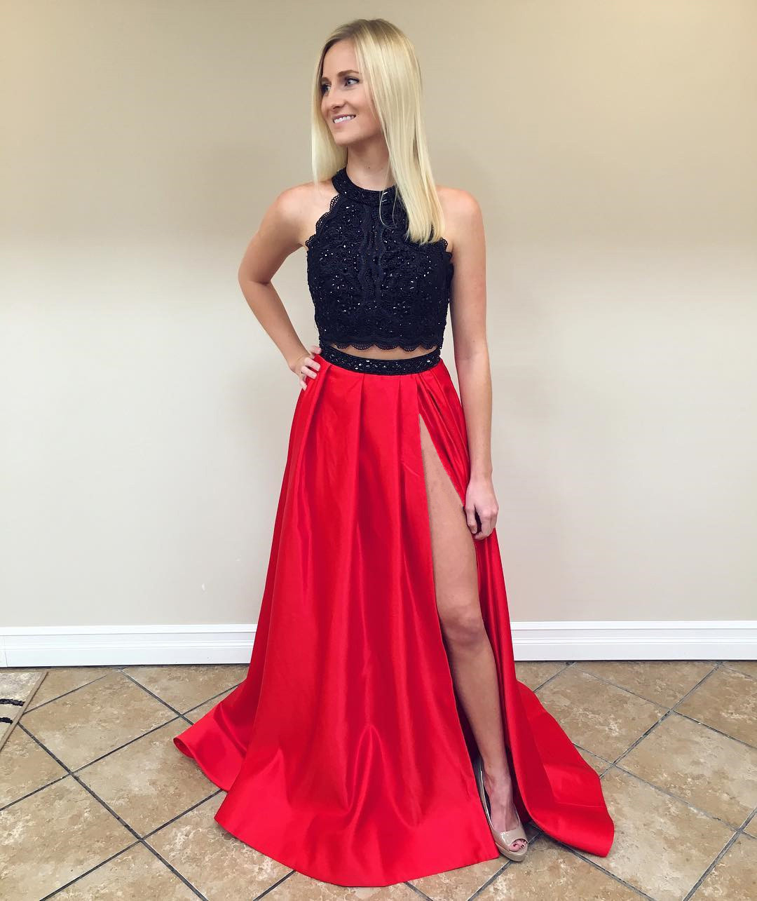 Gorgeous Two Piece Jewel Red And Black Long Prom Dress With Slit,a-line Satin Red Evening Dress,p149