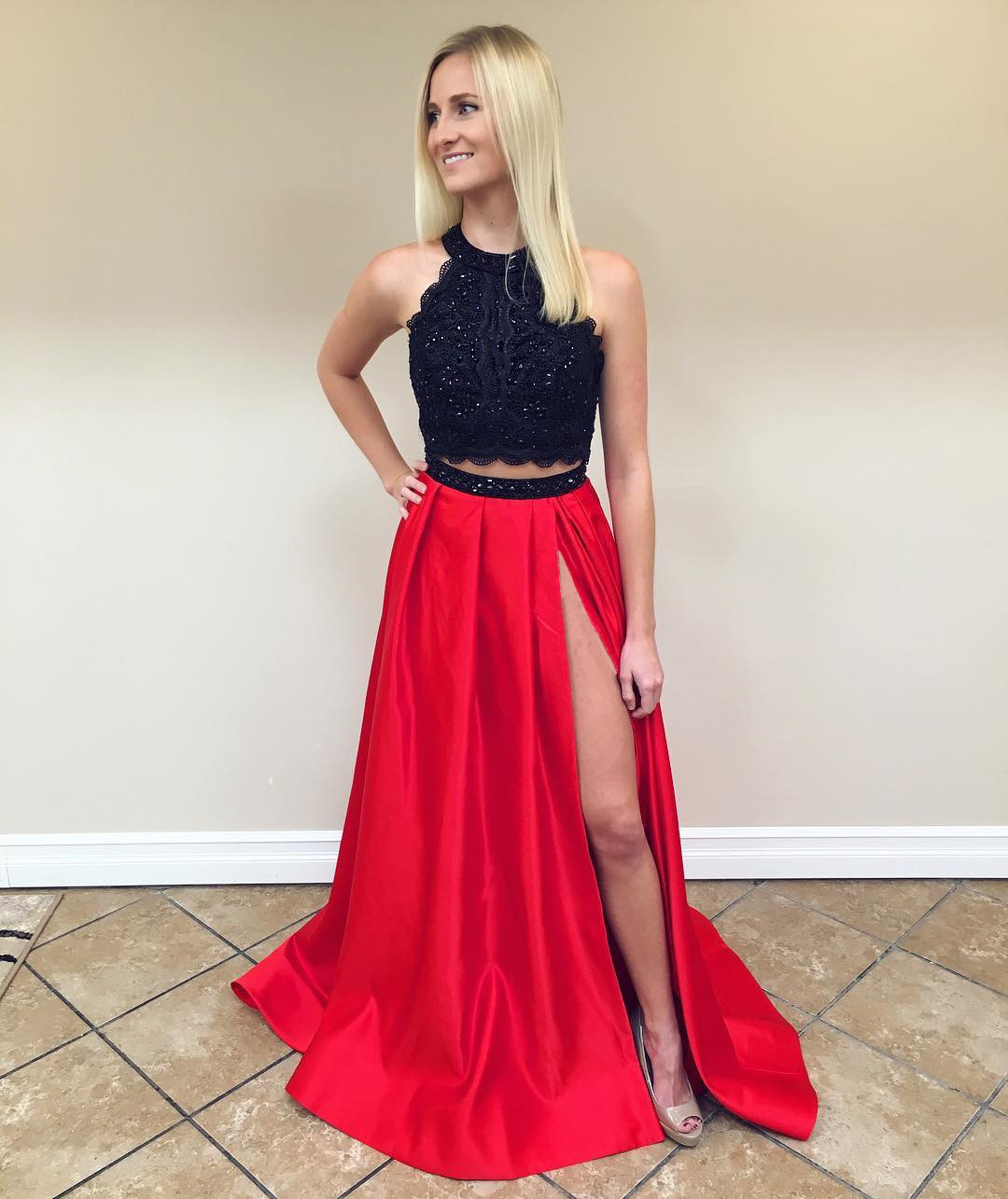 Stunning A Line Ball Gown Red And Black Long Prom Gown Evening Dress