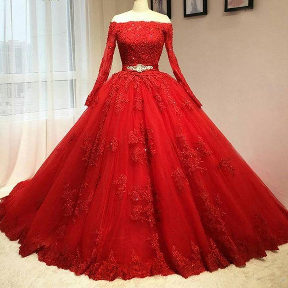 Ball Gown Red Long Sleeves Off The Shoulder Lace Appliques Long Prom Dress,quinceanera Dresses With Beading Waist,p153