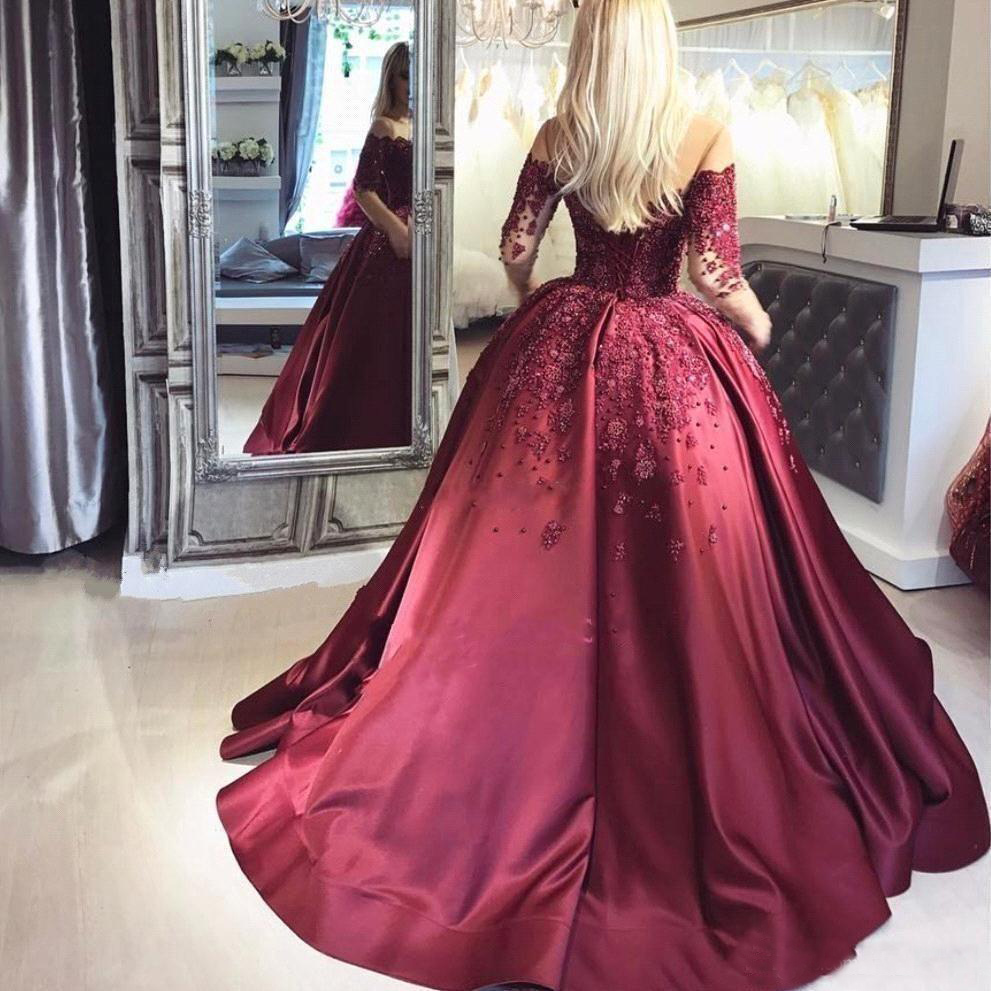 Burgundy Long Sleeves Quinceanera Dresses,sheer Neck Beaded Appliques ...