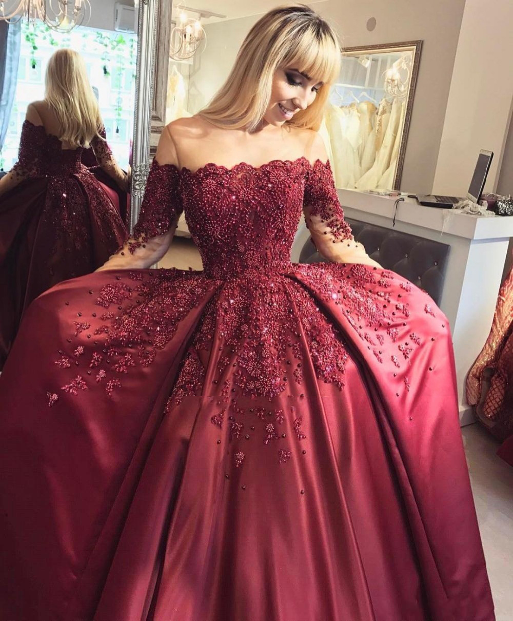 maroon ball gown with sleeves