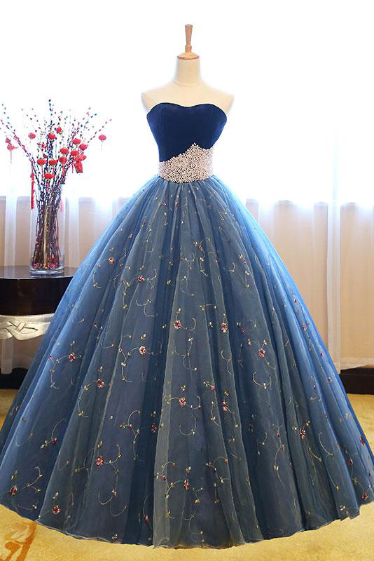 Charming Sweetheart Ball Gown Prom Dress,blue Tulle Floor-length Prom Dress With Pearls Beading,princess Strapless Party Dresses,p160
