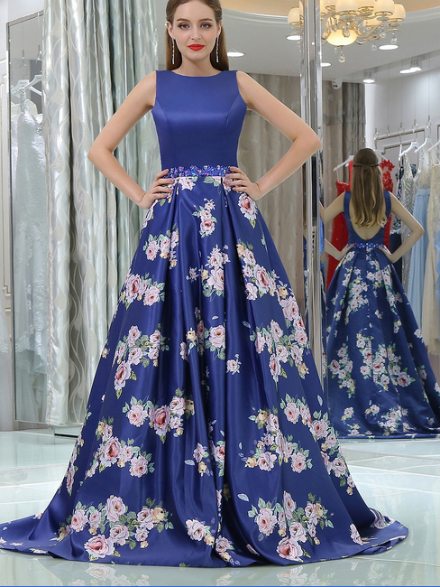 Royal Blue Backless Sleeveless Sweep Train A-line Prom Dress,long Floral Dresses, Formal Dresses,p161