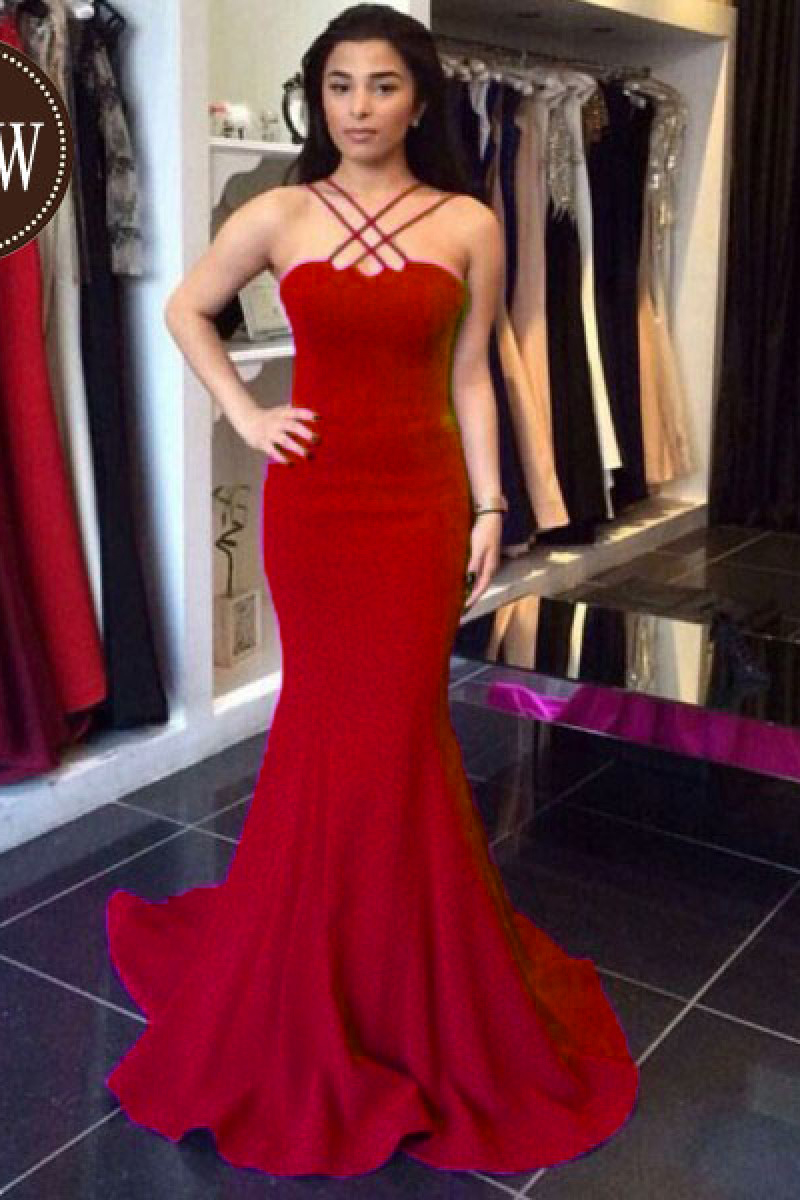 Mermaid Cross V-neck Sweep Train Red Prom Dress,trumpet Sleeveless Long Formal Dresses, Evening Dresses,p164