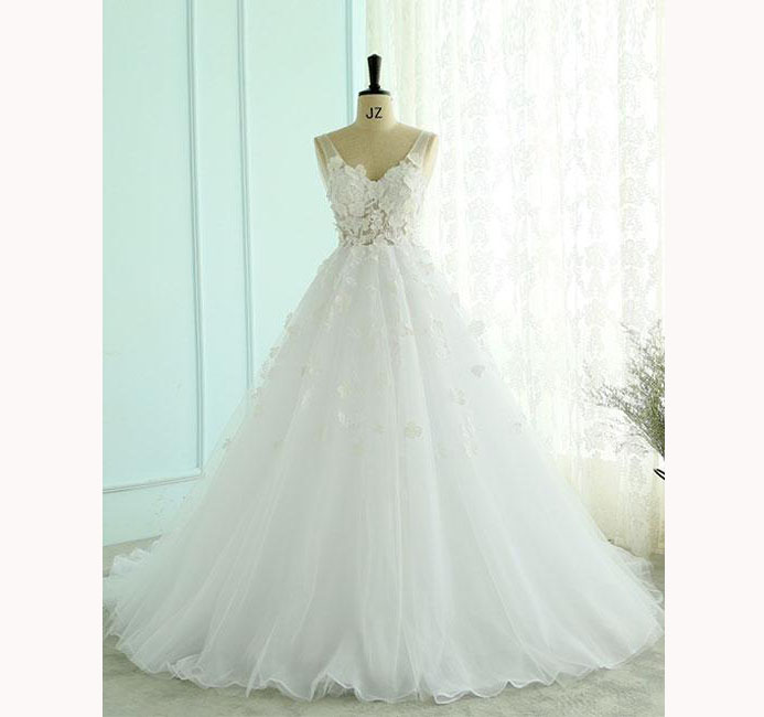Charming Sleeveless V Neck Tulle Prom Dress With Appliques,long Wedding Dress,bridal Dress, Custom Made Formal Dress,p169