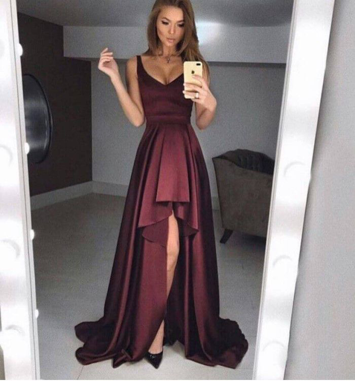 Sexy Maroon A-line Sleeveless High-low Evening Dress,unique Satin Prom Dresses,charming Formal Dress,p174
