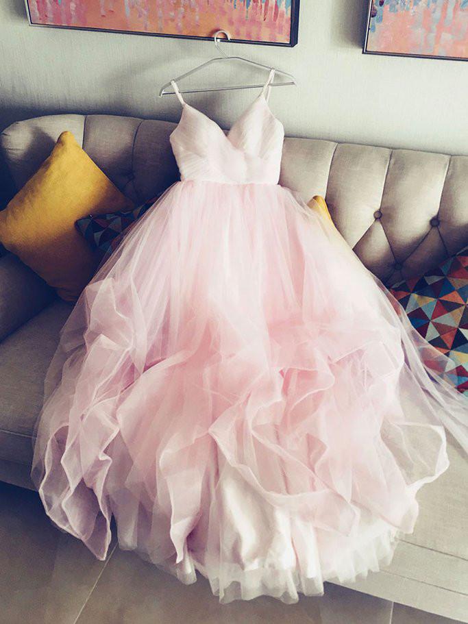 Pink Wedding Dresses,floor Length Tulle Wedding Dresses,straps V Neck Pink Wedding Dresses With Pleats,w068