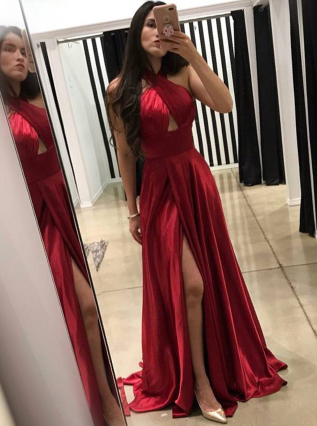 A-line Cross Neck Floor-length Dark Red Prom Dress With Split Keyhole,unique Backless Sleeveless Formal Gown,p177