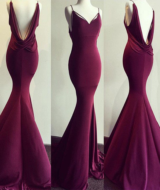 Spaghetti Straps Mermaid V-neck Sleeveless Prom Dress,sexy Backless Evening Dress,maroon Trumpet Formal Gown,p178