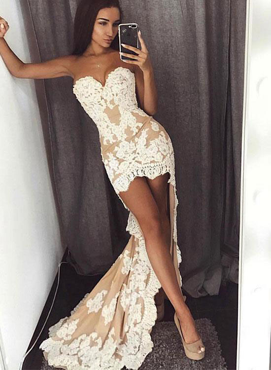 Sexy Sweetheart High Low Party Dress With Lace Appliques,champagne Strapless Mermaid Prom Dress,p184