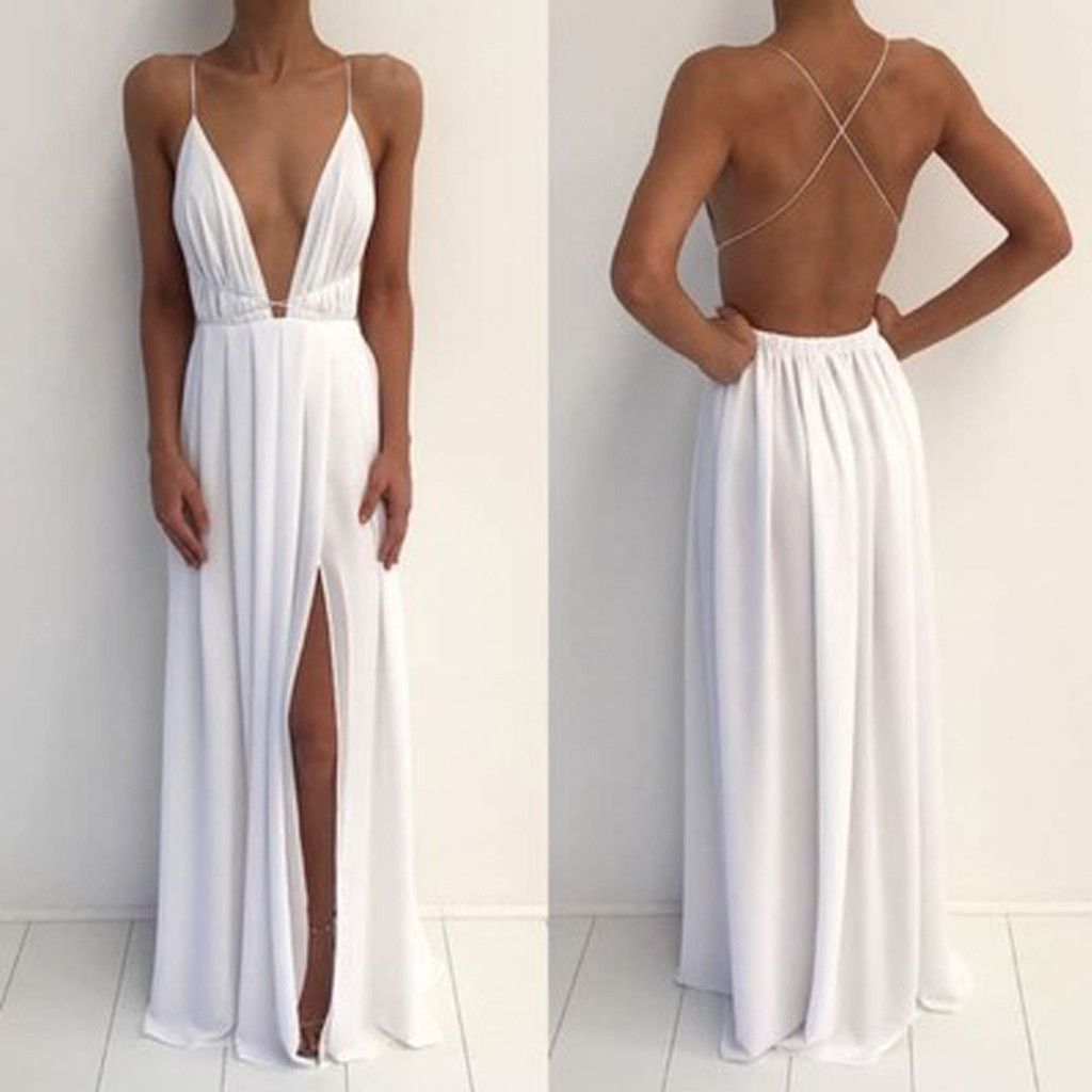White Deep V-neck Chiffon Backless Prom Dress With Slit,sexy Evening Dresses,long Maxi Dress,spaghetti Straps Prom Gown With Side Slit,p185