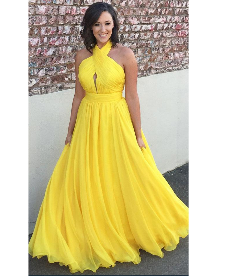 Aline Yellow Halter Prom Dress,floor Length Chiffon Sleeveless Party