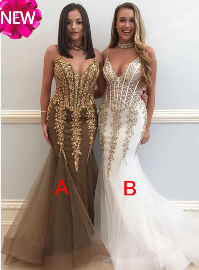 Mermaid Spaghetti Straps V Neck Prom Gown,sexy Sleeveless Tulle Prom Dress With Sequins, Style Evening Dress,p194
