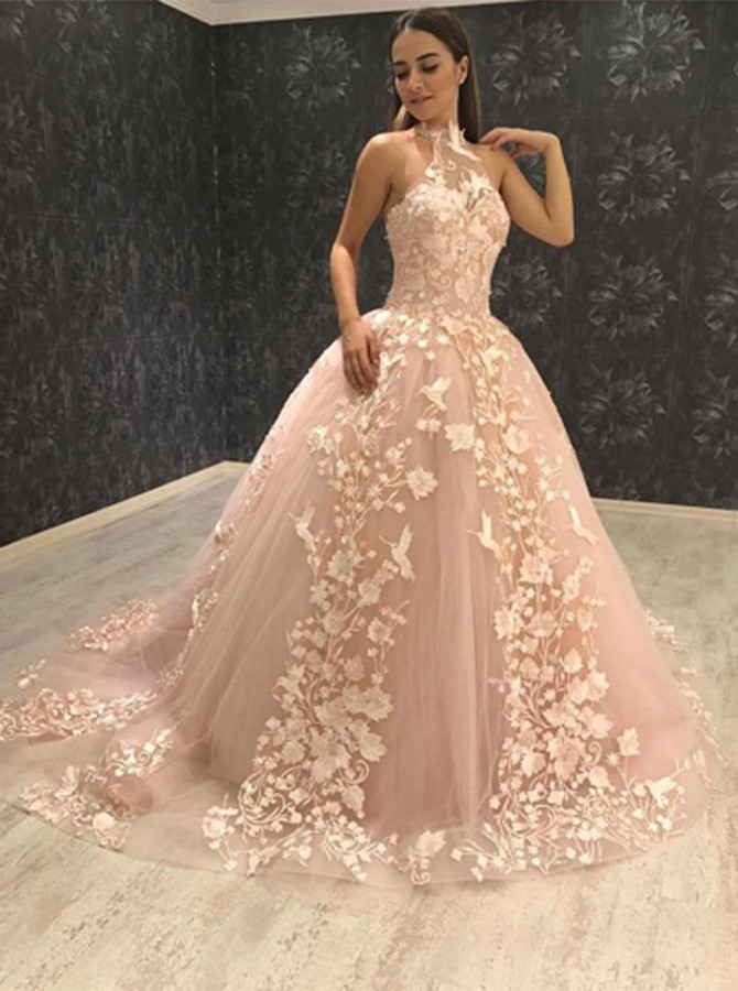 Gorgeous Ball Gown Halter Sweep Train Prom Dress,pink Tulle Prom Dress With Appliques, Party Dress With Appliques,p195