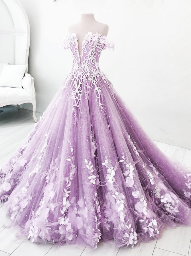 Ball Gown Off-the-shoulder Lilac Tulle Appliques Prom Dress,floor Length Ball Gown Evening Dress,tulle Party Dress,p202