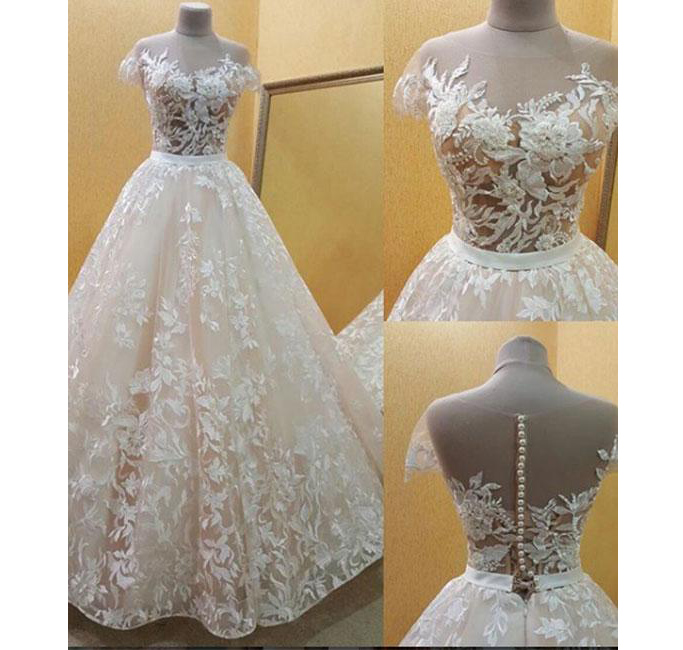 See-through Short Sleeve Long Lace Prom Dress,wedding Dress,long Charming Prom Dress With Lace Appliques,p203