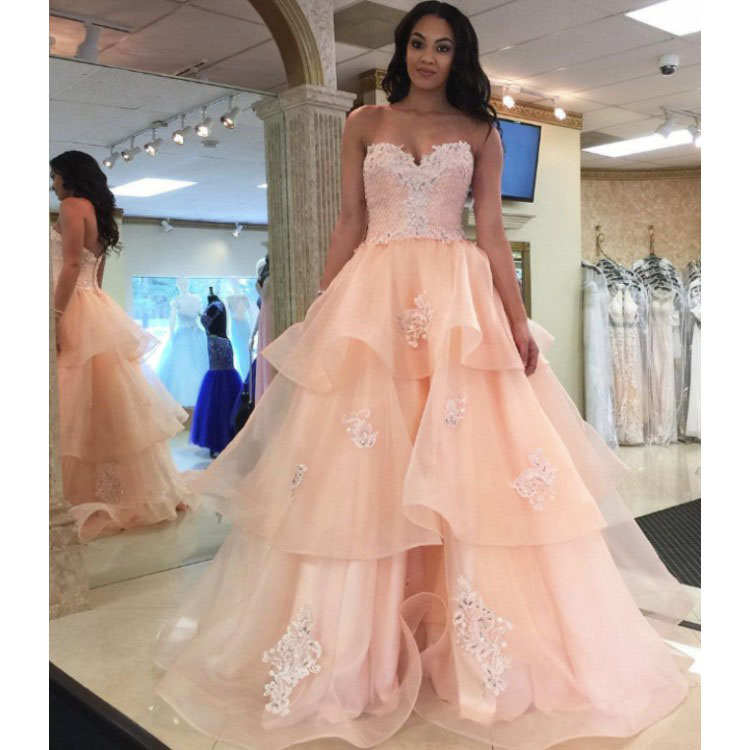 Applique Prom Dresses,princess Prom Dresses,long Prom Dresses,strapless Backless Lace Organza Long Qunceanera Dresses Prom Dresses,p206