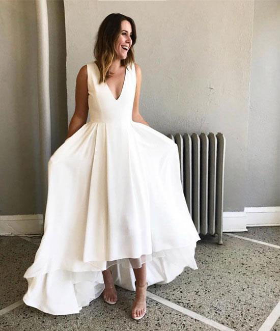 Cheap High Low Prom Dress Sexy V Neck Evening Dresses Simple Woman