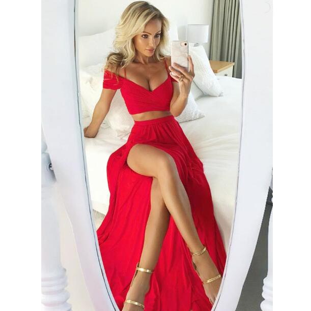 Spaghetti Straps Red Chiffon Ruched Prom Dresses,two Piece Prom Dress,sexy High Slit Evening Dresses,prom Party Dresses,p211