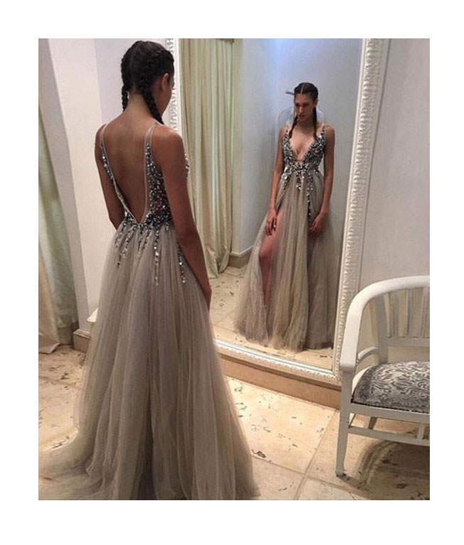 Shop See Through Gray Tulle Sparkle Appliques A Line Prom Dress Under 138 main image 1