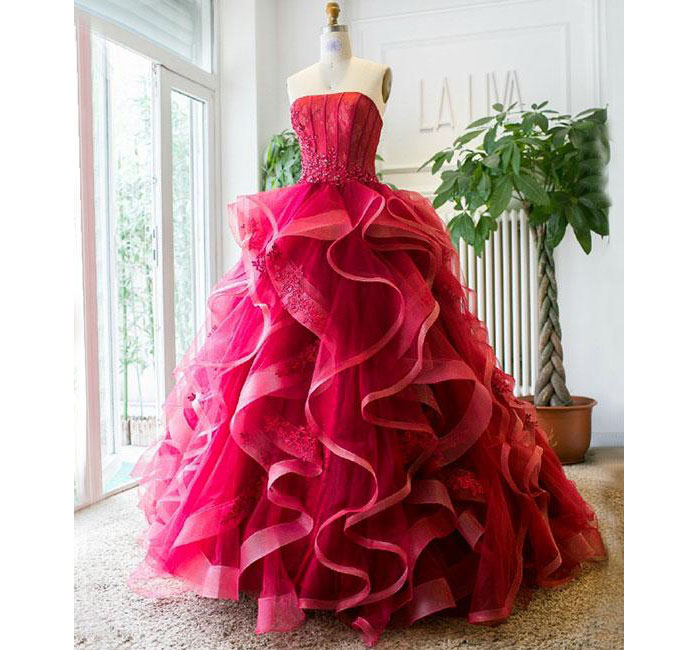 Unique Ruffled Tulle Appliques Prom Dress,burgundy Long Prom Dress,strapless Graduation Dress,ball Gown Evening Dress,sweet 16 Dresses,p213