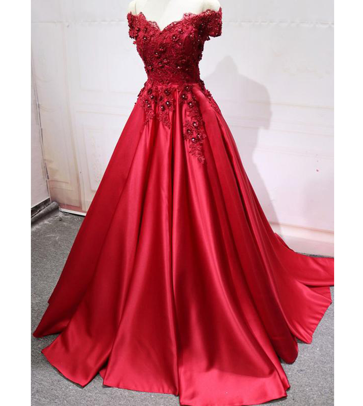Red Off Shoulder Lace Appliques Long A-line Evening Prom Dresses,sweep Train A-line Prom Gown With Rhinestone,elegant Satin Evening Dress,p215