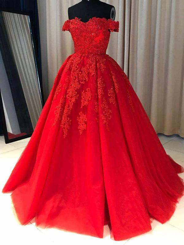 A-line Off Shoulder Red Lace Appliques Evening Prom Dresses,red Tulle Long Sweet 16 Dresses,sweep Train Graduation Dresses,p217