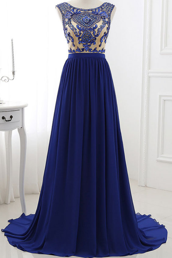Royal Blue A-line Prom Dress,beading Long Prom Dresses,chiffon Evening Dresses,long Sleeveless Formal Women Dress,p224