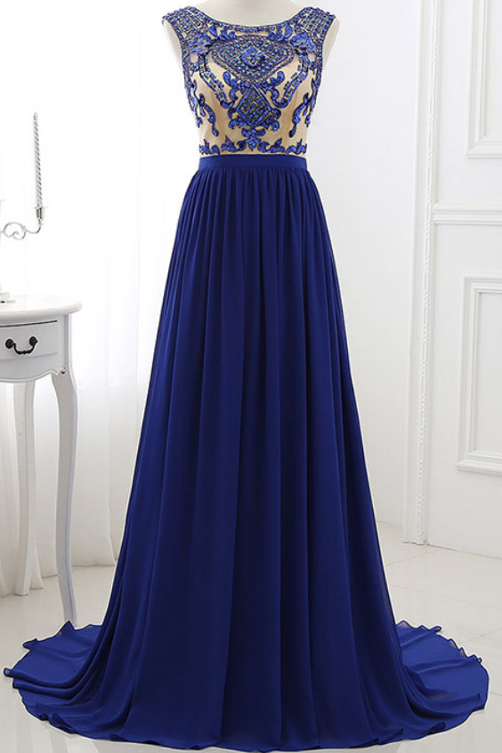Blue A-line/Princess Royal Beaded Long Chiffon Prom Dress