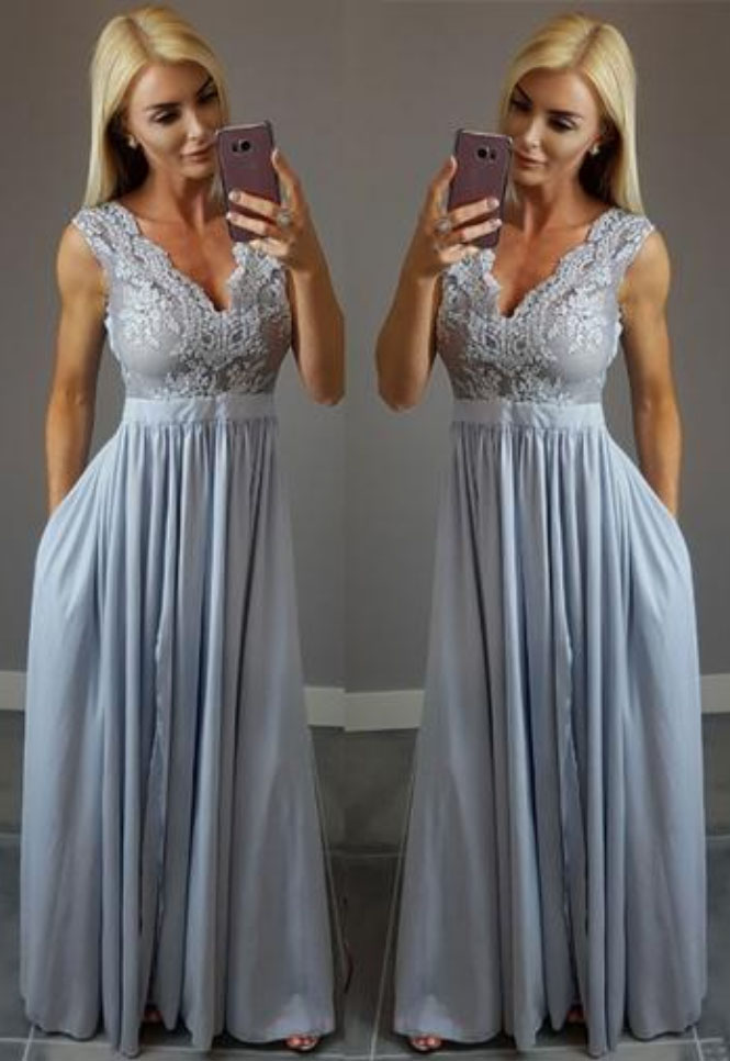 Stylish A Line Lace V Neck Prom Dress,long Chiffon Sleeveless Evening Dress With Pockets,floor Length Evening Gown,p225
